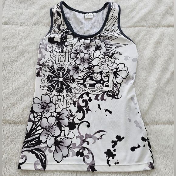 So Sporty Floral White/Gray/Black Women's Tank Top. Size Medium - Picture 1 of 3